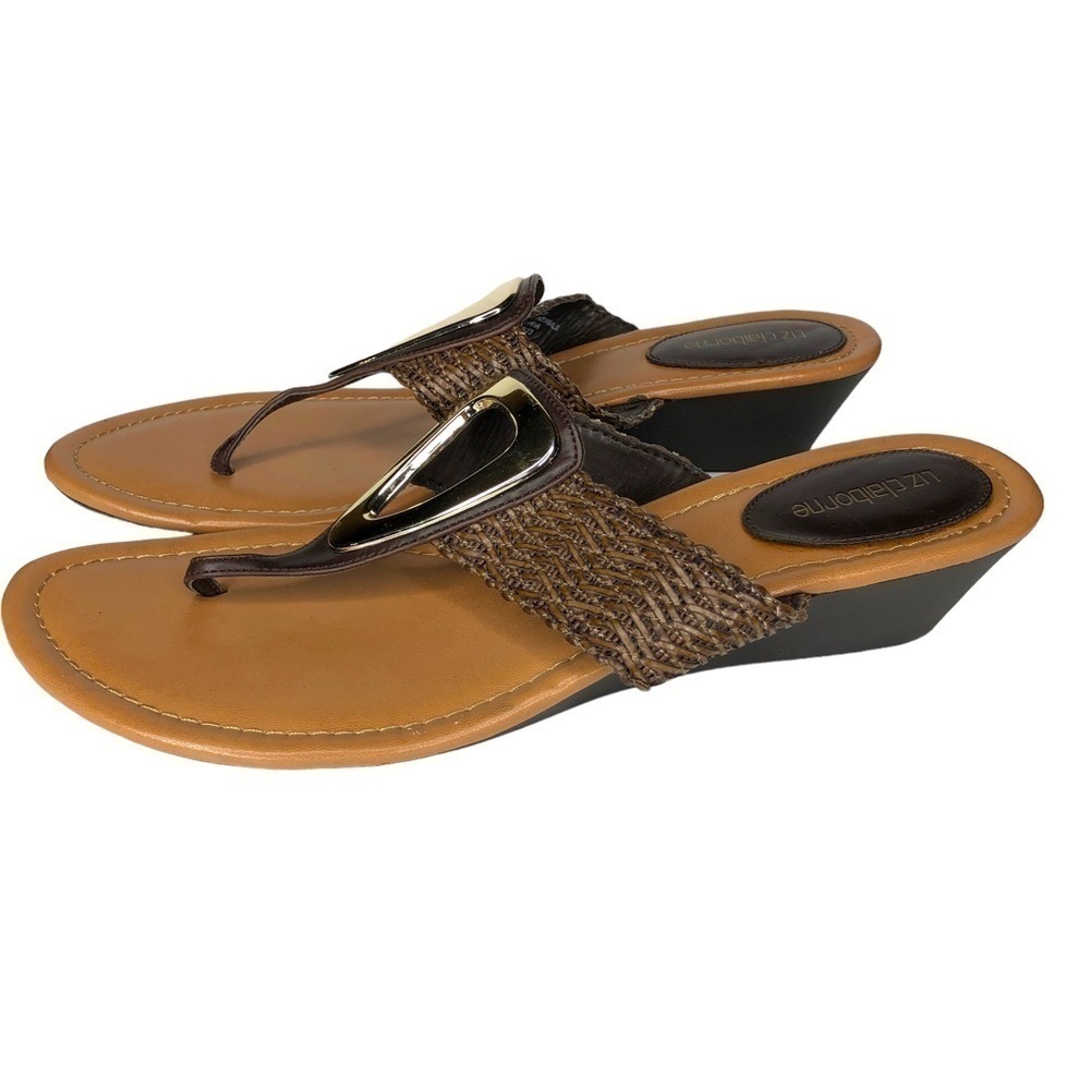 Liz CLAIBORNE Brown Woven Low Wedge Thong Sandals with Silver Accent - Size 9.5